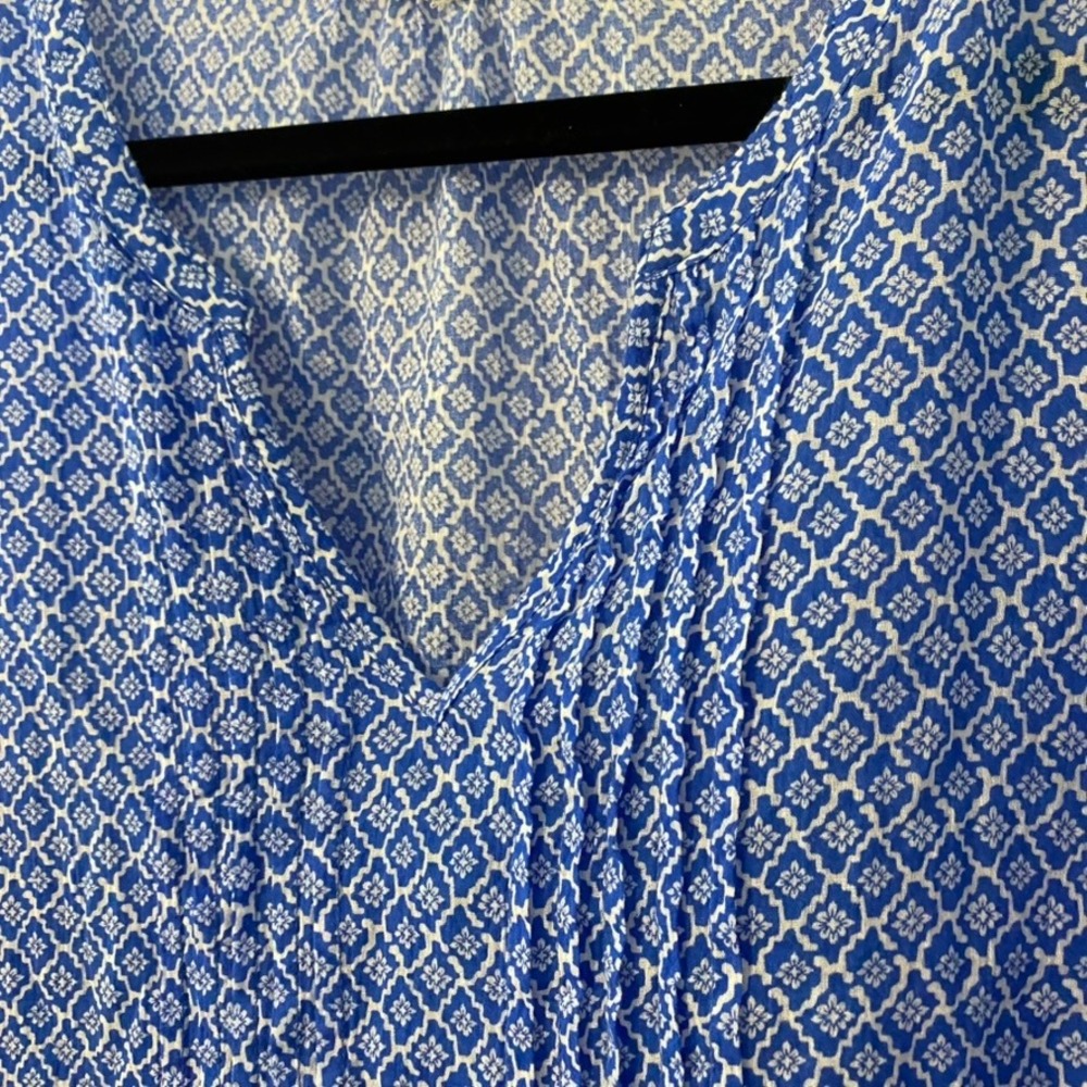 Hester & Orchard XL Blue White Geometric Cotton Roll Tab Pintuck Blouse Boho - Picture 3 of 15